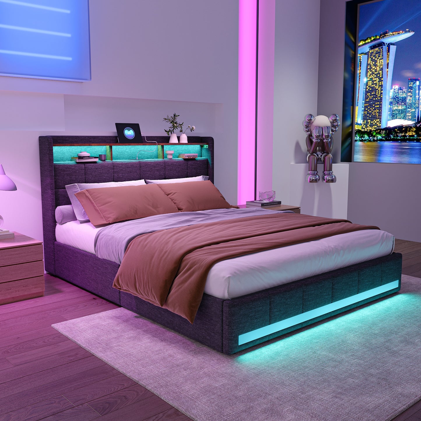 Double Bed with Storage, LED Lighting, 4 Drawers, Storage Function, USB Charging, Quick Assembly, Metal And Linen Bed Frame, Classic, for Adults, Ideal for 8Mj4Txd Bedroom.