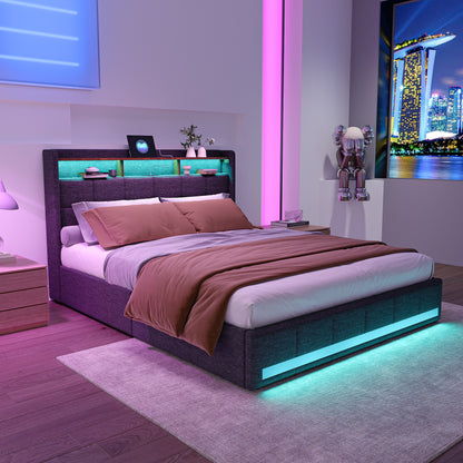 Double Bed with Storage, LED Lighting, 4 Drawers, Storage Function, USB Charging, Quick Assembly, Metal And Linen Bed Frame, Classic, for Adults, Ideal for 8Mj4Txd Bedroom.