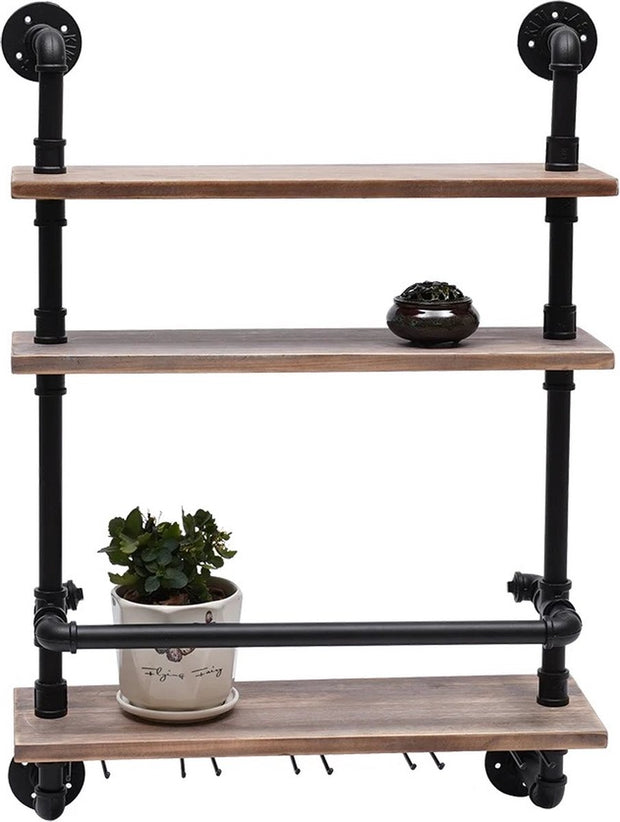 Wandplank - Wijnrek - Wijnglazen Houder - 3 Planken - Industrieel - Hout - 100x60x20 cm - Woonkamer - Keuken - Slaapkamer - Wandrek - Muur