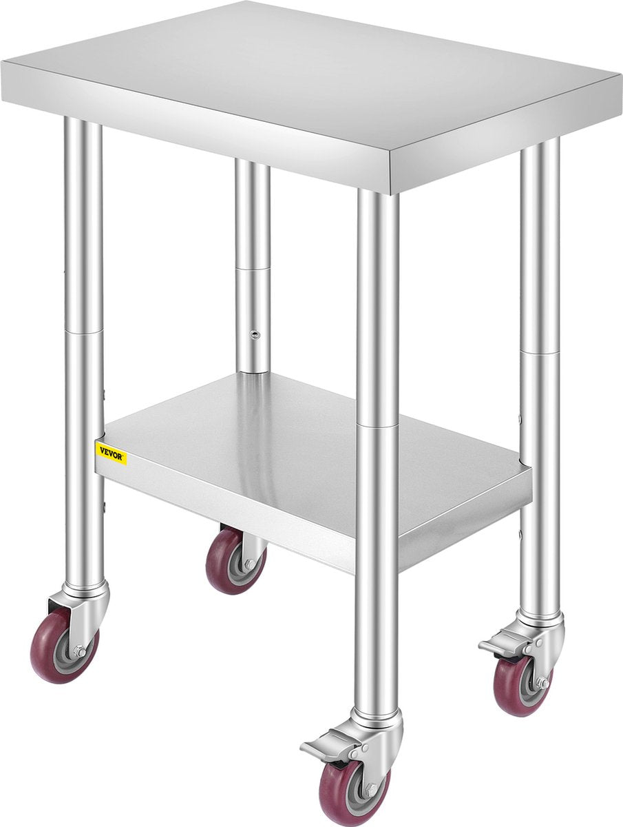 Commerciële Keukentafel - 2 Planken - Roestvrij Staal - 150kg Laadvermogen - Voedselbereidingstafel met Vier 360 Graden Roterende Wielen - Verstelbare Onderplank - 61 x 46 x 86 cm - Zilver