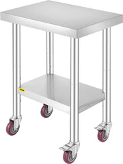 Commerciële Keukentafel - 2 Planken - Roestvrij Staal - 150kg Laadvermogen - Voedselbereidingstafel met Vier 360 Graden Roterende Wielen - Verstelbare Onderplank - 61 x 46 x 86 cm - Zilver