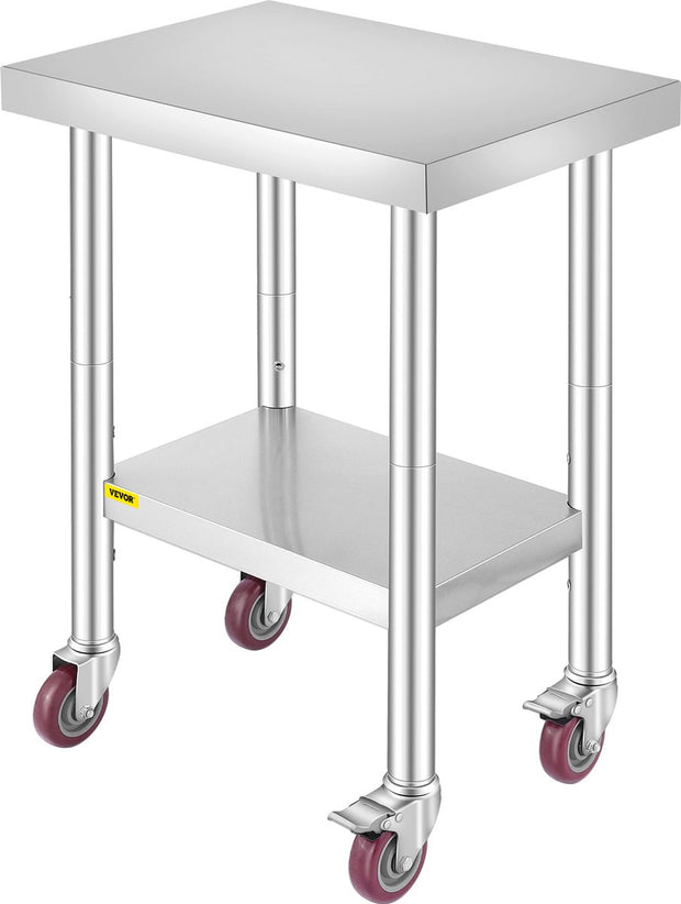 Commerciële Keukentafel - 2 Planken - Roestvrij Staal - 150kg Laadvermogen - Voedselbereidingstafel met Vier 360 Graden Roterende Wielen - Verstelbare Onderplank - 61 x 46 x 86 cm - Zilver