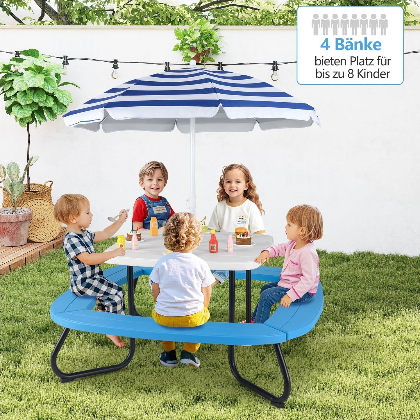 Kinderpicknicktafel – Kindertafel – Buitentafel – Speeltafel – Kindertuinmeubel – Voor 8 Kinderen – Weerbestendig HDPE – Verstelbaar Zonnescherm Blauw