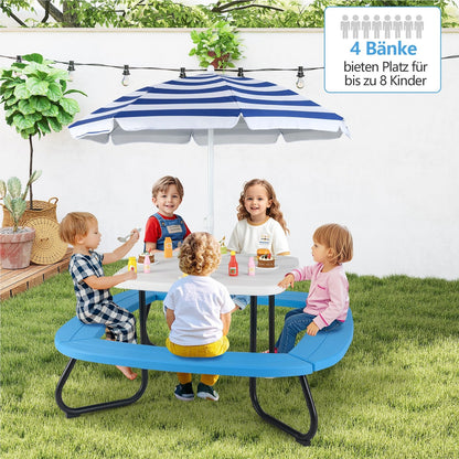Kinderpicknicktafel – Kindertafel – Buitentafel – Speeltafel – Kindertuinmeubel – Voor 8 Kinderen – Weerbestendig HDPE – Verstelbaar Zonnescherm Blauw