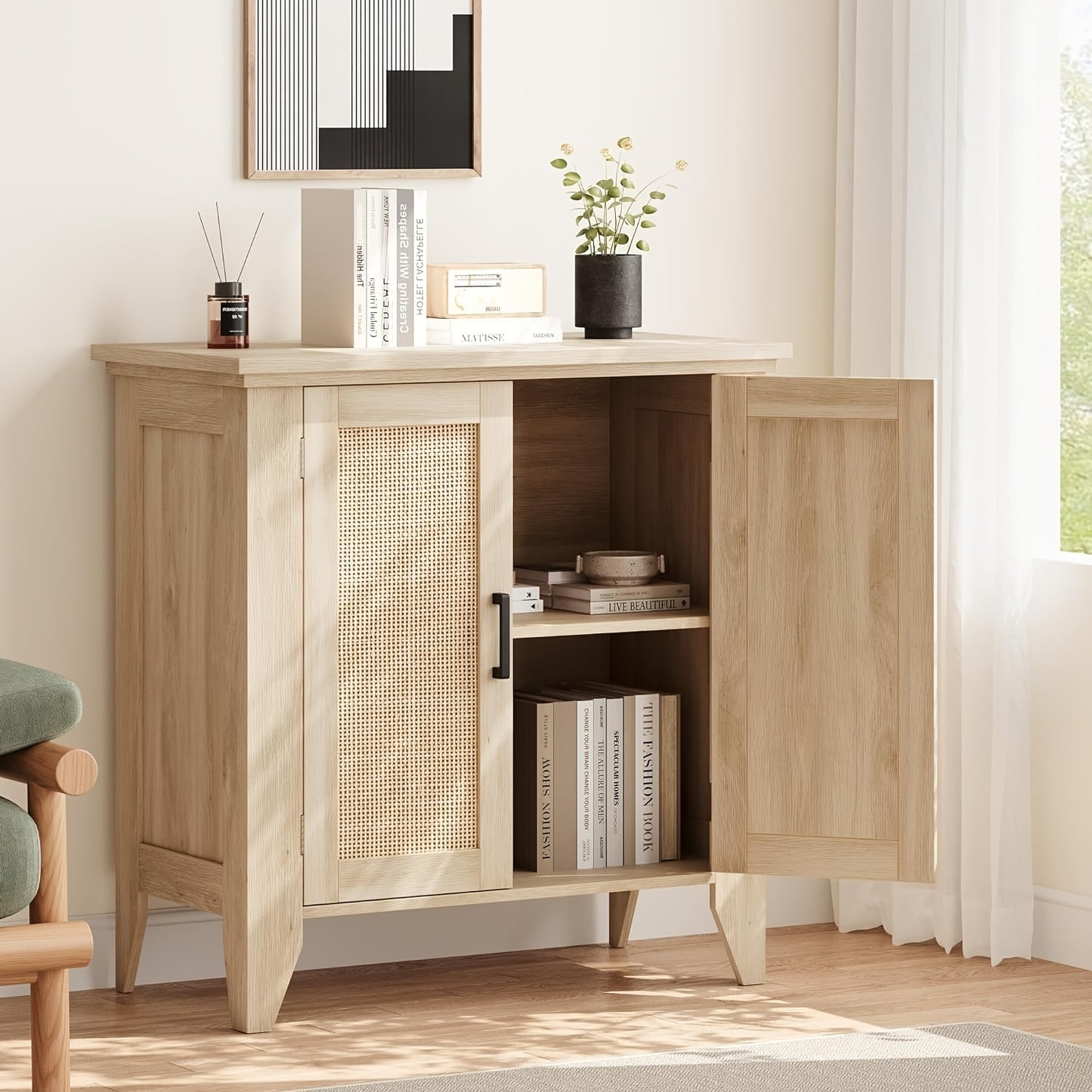 Dressoir – Buffetkast – Sideboard – Opbergkast – Kast – Rattan En MDF – Verstelbare Plank – 76x40x80 cm – Natuurlijke Houtkleur
