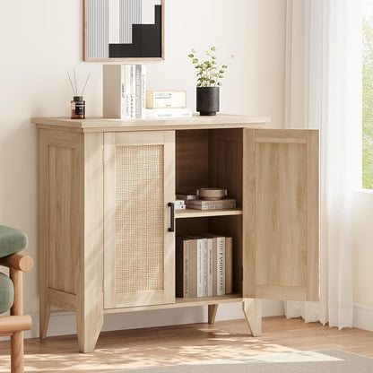 Dressoir – Buffetkast – Sideboard – Opbergkast – Kast – Rattan En MDF – Verstelbare Plank – 76x40x80 cm – Natuurlijke Houtkleur