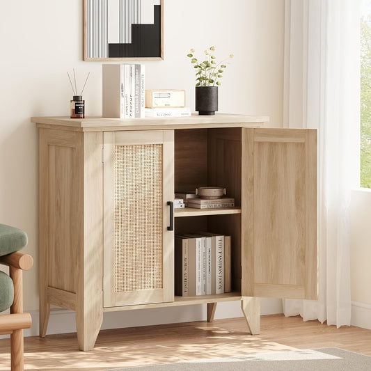 Dressoir – Buffetkast – Sideboard – Opbergkast – Kast – Rattan En MDF – Verstelbare Plank – 76x40x80 cm – Natuurlijke Houtkleur