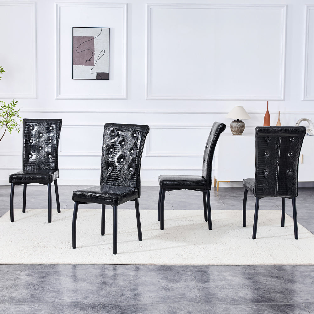 A Set of Two Black Vintage Crocodile-Patterned Upholstered Dining Chairs | Featuring Crystal Buckle Detailing And Faux Leather Accents, Lends an Air of Elegance And Mystery to The Dining Area, Suitable for Hard Floors, Wipe C