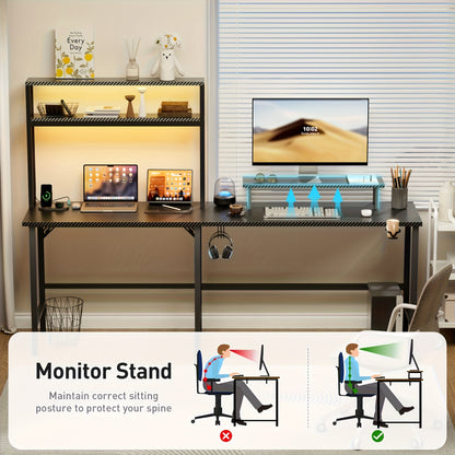 Ergonomisch Bureau – L-vormig Bureau – Hoekbureau – Gamingbureau – Computerbureau – LED-Verlichting – Verstelbare Monitorhouder – Zwart – 150x100 cm – Inclusief Headphonehouder en Cupholder