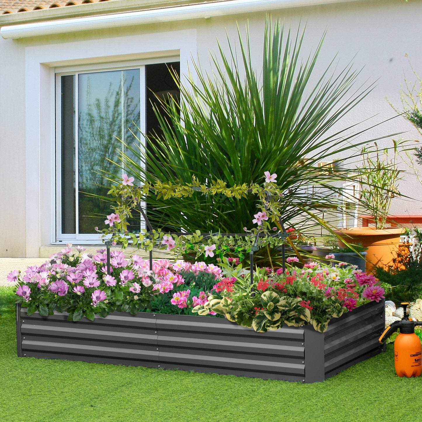 Metalen Bloembak Tuinbak Plantbak Plantenbak Kruidenbak – Antraciet Grijs – Grote Capaciteit 180x90x29,5 cm – Roestbestendig Met Klimrek