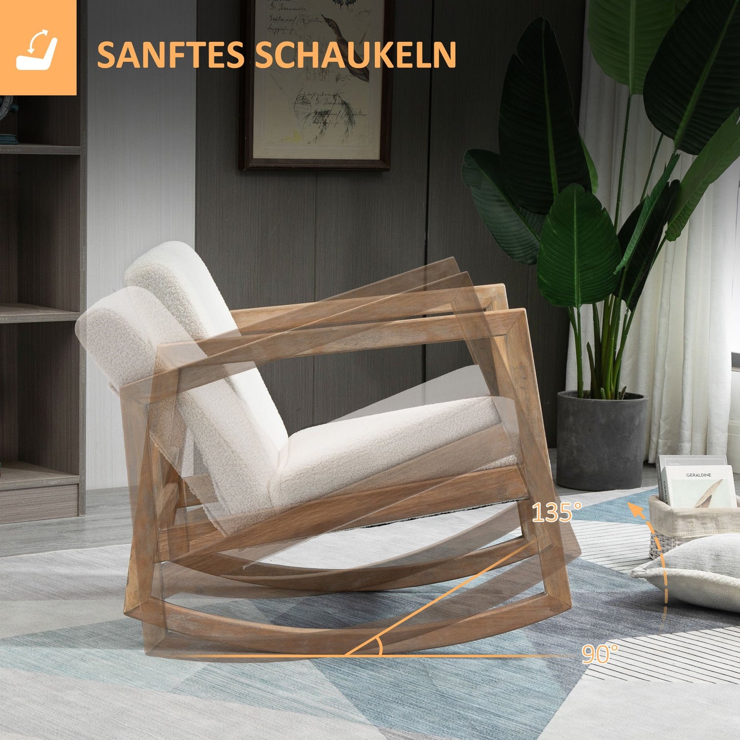 Schommelstoel – Relaxstoel – Fauteuil – Loungestoel – Schommelbank – Rubberen Houten Frame – Zacht Bekleed Zitkussen – Crème Wit – 60 x 81 x 71 cm