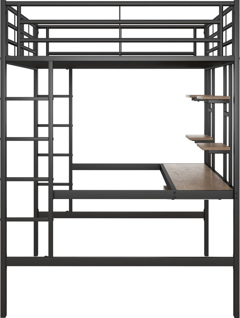 Kinderbed - Zonder Matras - Zonder Stoel - Metalen Bedframe met Bureau en Twee Boekenplanken - Geschikt voor Kinderen - Tieners en Volwassenen - 140x200 cm - Zwart