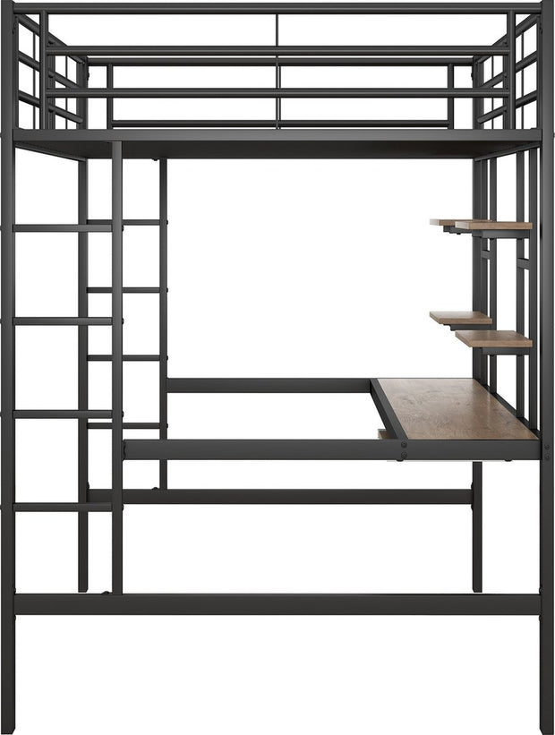 Kinderbed - Zonder Matras - Zonder Stoel - Metalen Bedframe met Bureau en Twee Boekenplanken - Geschikt voor Kinderen - Tieners en Volwassenen - 140x200 cm - Zwart