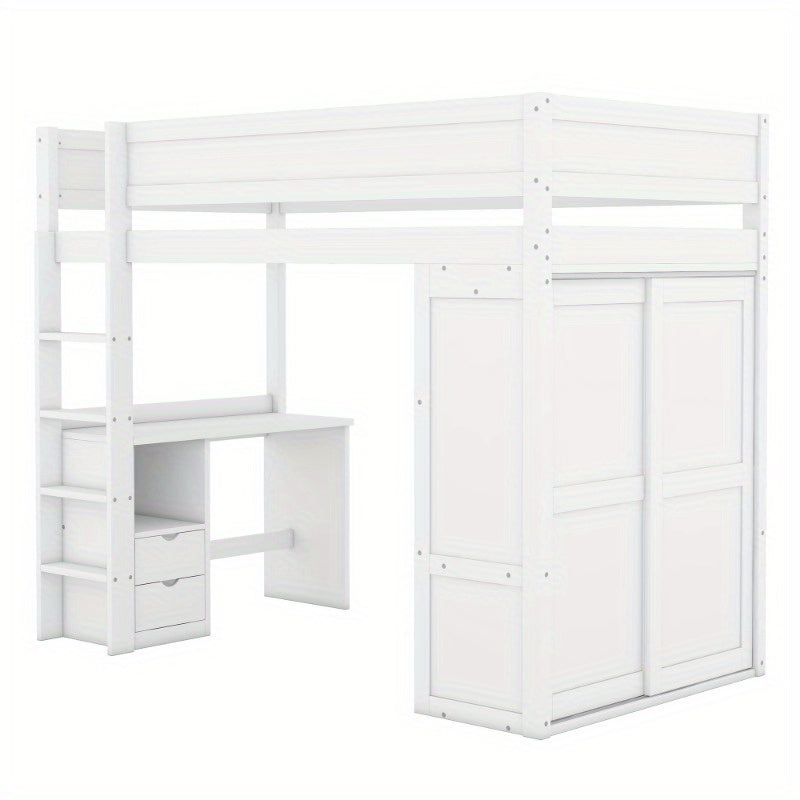 Hoogslaper – Stapelbed – Kinderbed – Eenpersoonsbed – Opbergbed – Ruimtebesparend – Met Kledingkast & Bureau – Duurzame Lichtgewicht Constructie – Modern Minimalistisch Wit Design