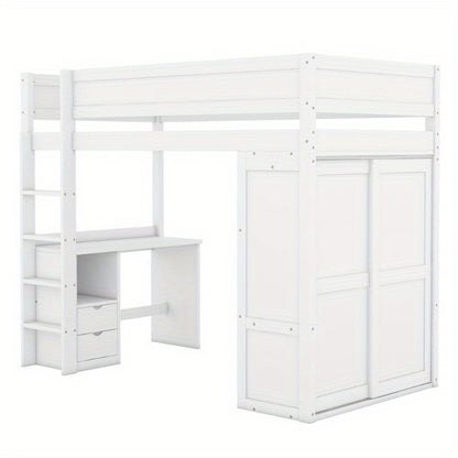 Hoogslaper – Stapelbed – Kinderbed – Eenpersoonsbed – Opbergbed – Ruimtebesparend – Met Kledingkast & Bureau – Duurzame Lichtgewicht Constructie – Modern Minimalistisch Wit Design