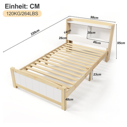 Bedframe – Eenpersoonsbed – Kinderbed – Logeerbed – Slaapbank – Massief Houten Frame – Opbergruimte Hoofdeinde – 90x200 cm – Wit – Duurzaam – Eenvoudige Montage