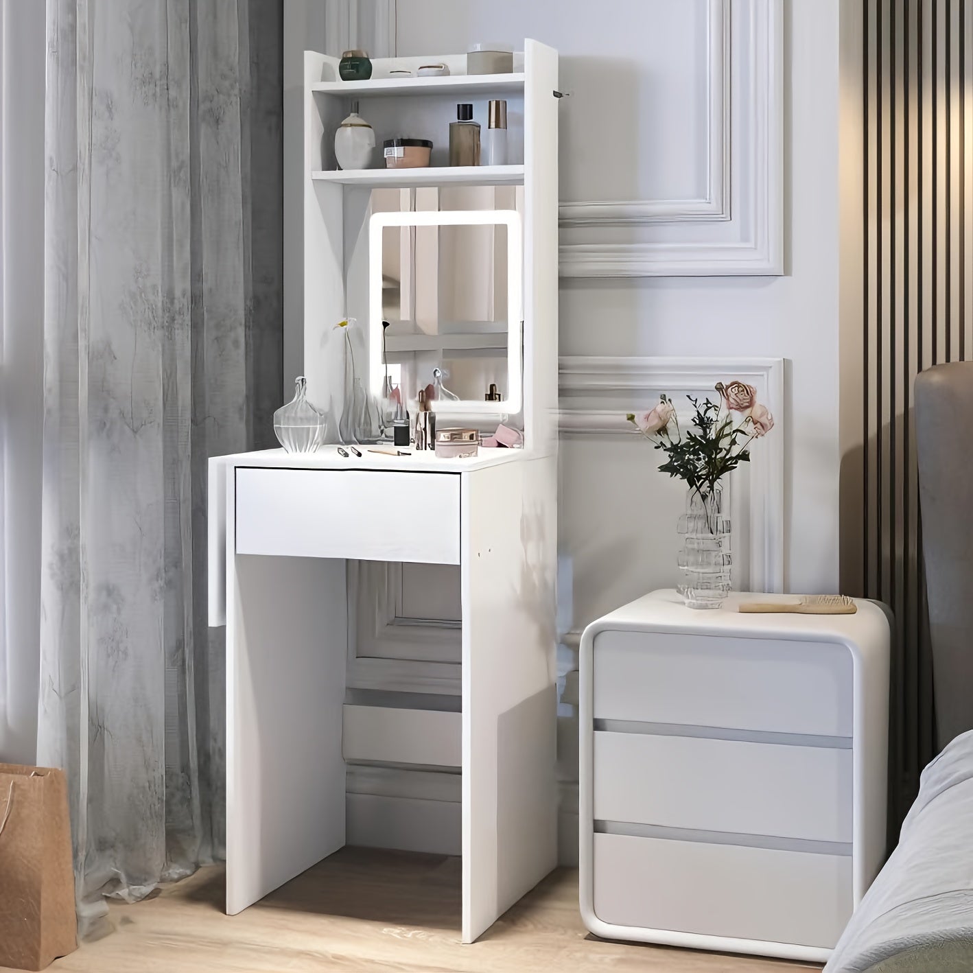 Compact Vanity Table with Large Mirror and Fold-down Tabletop | Hardwood, White, Includes Drawer and Open Desk Organizer, Ideal for Makeup, Gifts for Women, Christmas and Birthday Presents