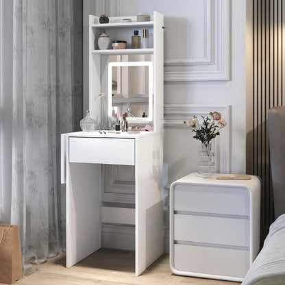 Compact Vanity Table with Large Mirror and Fold-down Tabletop | Hardwood, White, Includes Drawer and Open Desk Organizer, Ideal for Makeup, Gifts for Women, Christmas and Birthday Presents