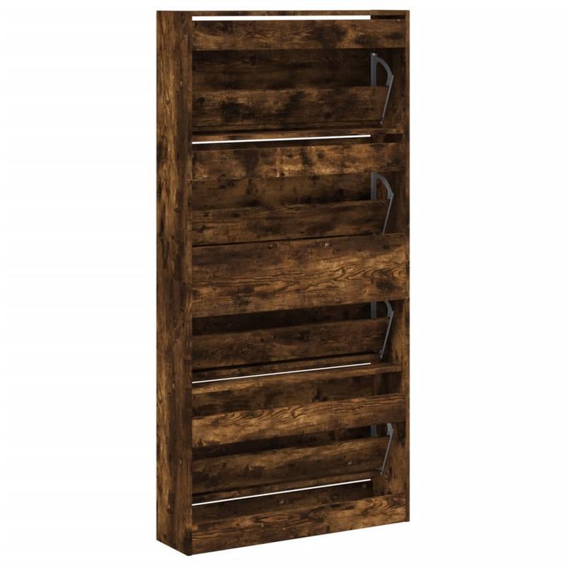 Shoe Cabinet with 4 Flap Drawers Measuring 80X21X163.5 Cm in Smoked Oak Color. This Stylish Shoe Cabinet Prevents Messy Shoes And Creates a Tidy Environment; The Metal Frame Provides Strength And Stability. The Cabinet Is Lig
