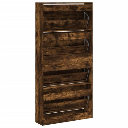 Shoe Cabinet with 4 Flap Drawers Measuring 80X21X163.5 Cm in Smoked Oak Color. This Stylish Shoe Cabinet Prevents Messy Shoes And Creates a Tidy Environment; The Metal Frame Provides Strength And Stability. The Cabinet Is Lig