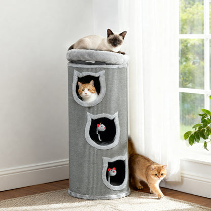 Kattenkrabpaal – Krabpaal – Kattenboom – Kattenhuis – Kattenmeubel – Grijs – 96 cm Hoog – 3 Holletjes Met Wasbaar Bed
