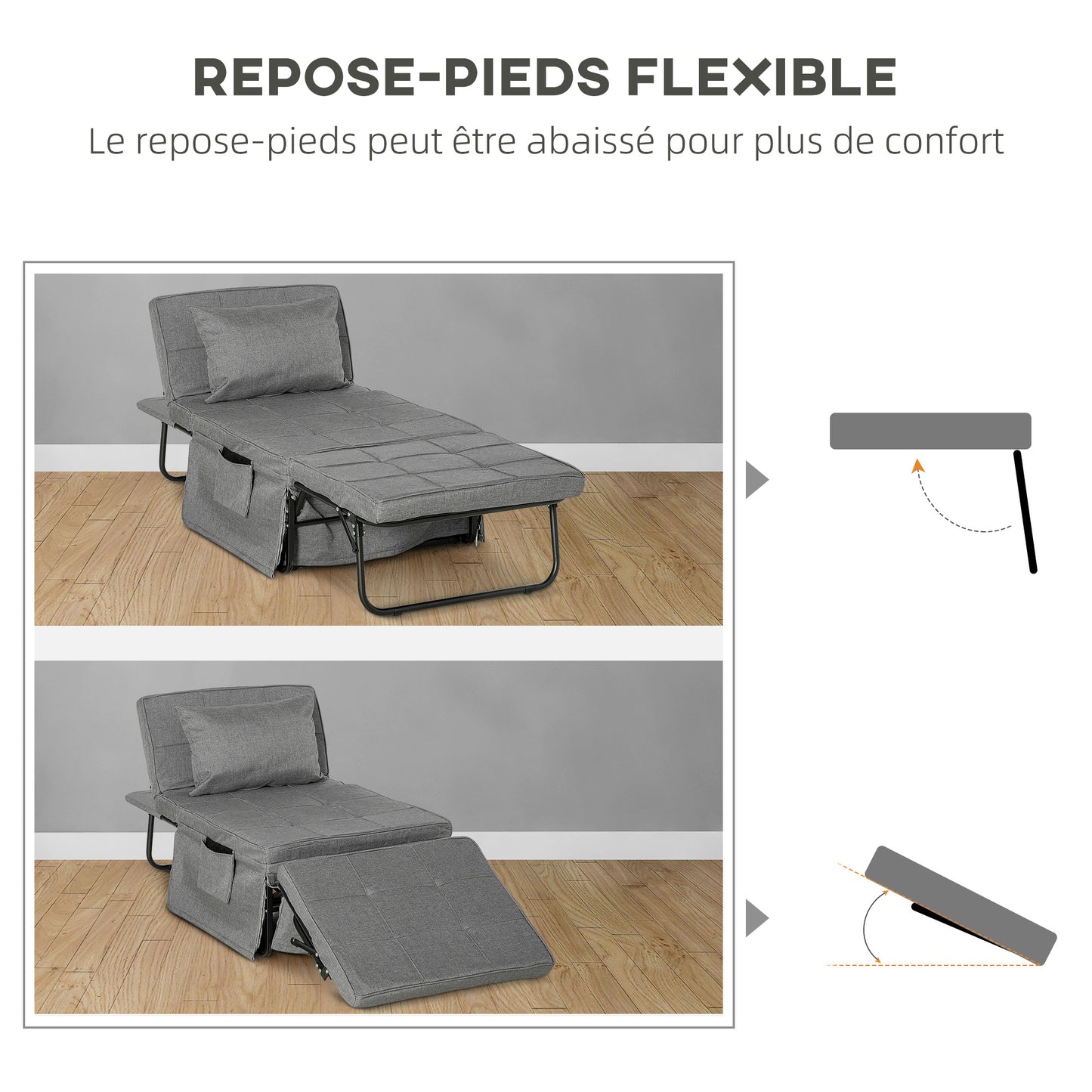 Fauteuil – Relaxstoel – Zitslaapbank – Poef – Grijs Linnenstof – 4-in-1 Multifunctioneel – Verstelbare Rugleuning 5 Standen