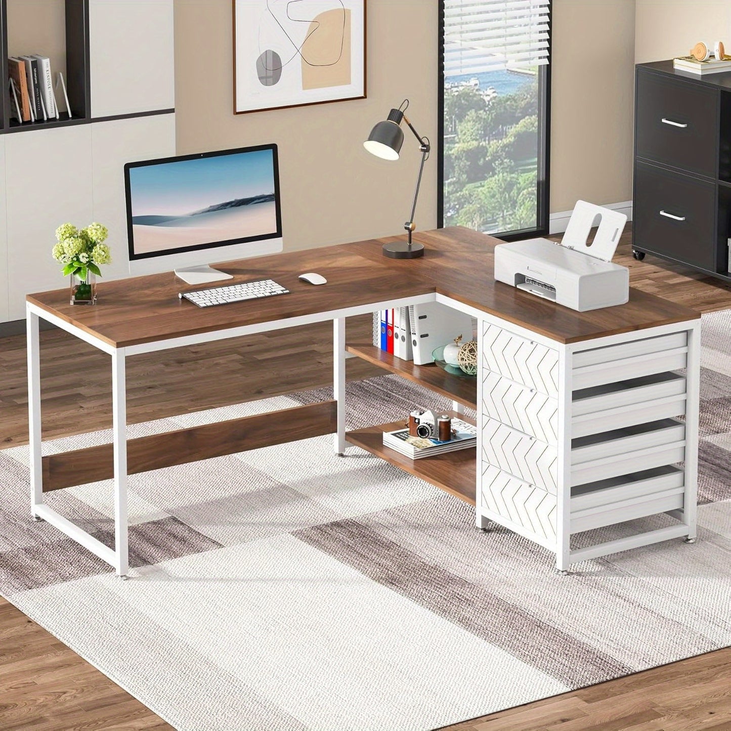 L Shaped Computer Desk with Storage Drawers, 149.86 cm Corner Desk with Shelves, Reversible L-Shaped Office Desk Study Writing Table Workstation for Home Office, Walnut & White