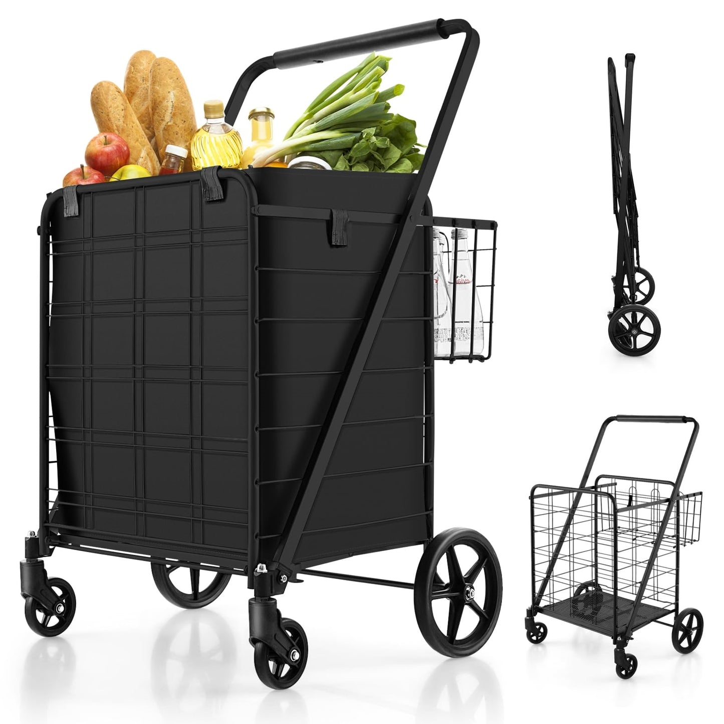 Boodschappentrolley – Opvouwbare Winkelwagen – Trolley Op Wielen – Handkar – Boodschappenkar – Zwart – Dubbele Grote Manden – Tot 150 kg Draagkracht
