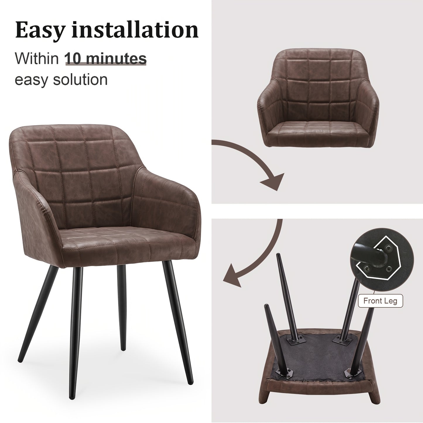 Eetkamerstoel – Stoel Met Armleuningen – Accentstoel – Loungestoel – Kunstleren Stoel Bruin – Gevuld Met Memory Foam – Met Metalen Frame