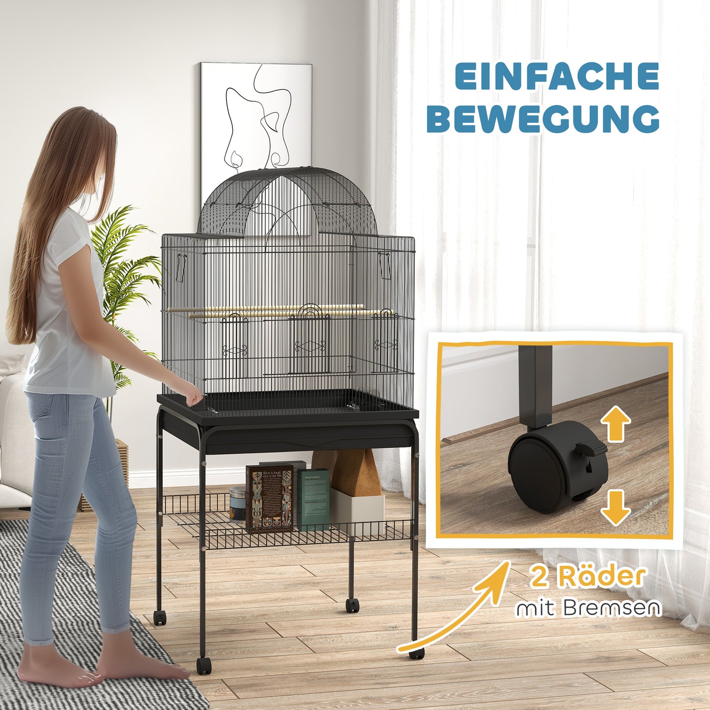 Vogelkooi – Parkietenkooi – Kanariekooi – Papegaaienkooi – Volière – Stalen Kooi – Wieltjes met Remmen – Uitneembare Lade 63x53x144 cm Zwart