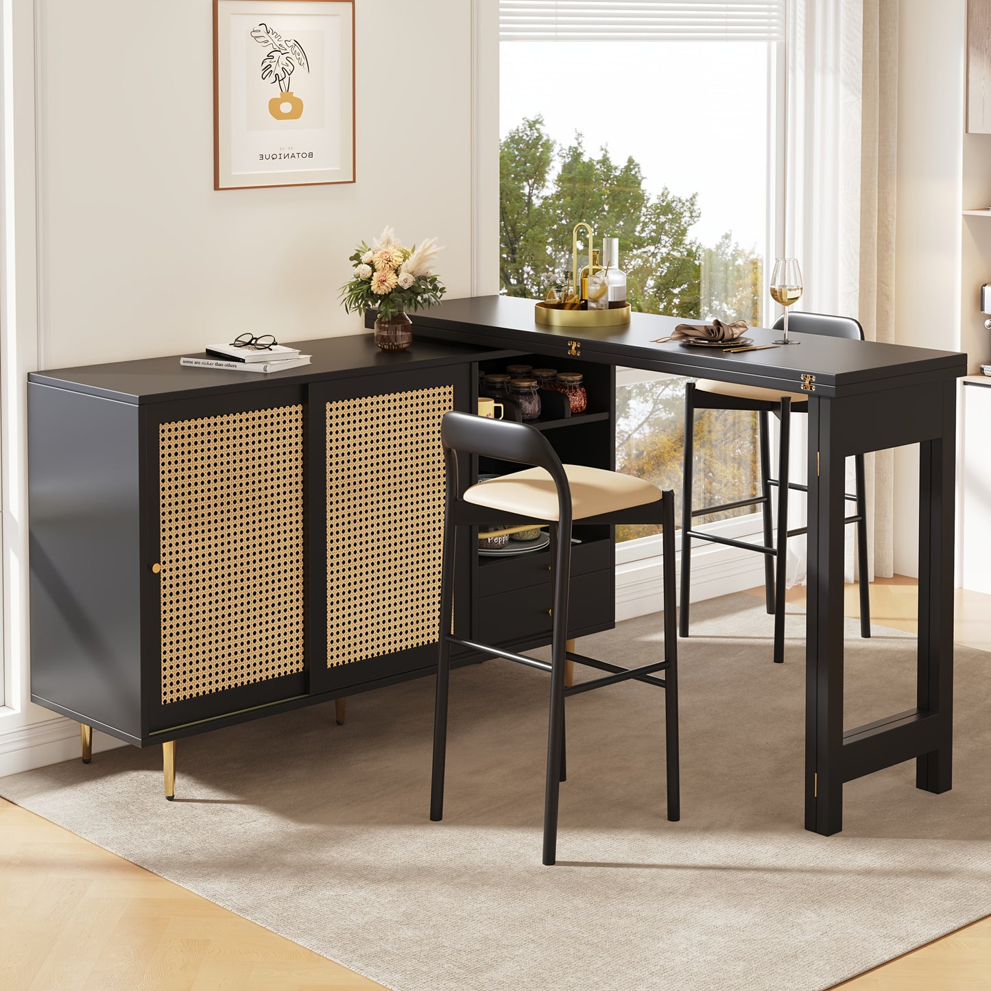 Elegant Black Extendable Bar Table with 360° Rotating Design, Rattan Door & Open Shelf Storage - Ideal for Kitchen & Dining Room, Contemporary Hardwood Construction, Kitchen Bar Table|Contemporary Bar Table|Glass Top Table,