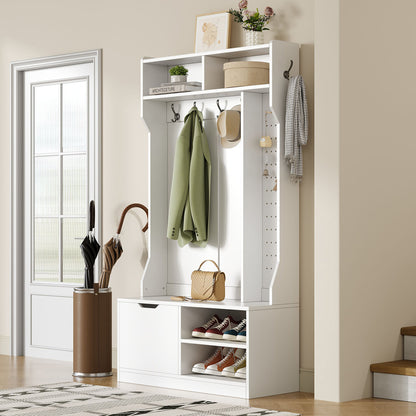 Garderobekast – Kledingkast – Halmeubel – Opbergkast – Kapstok – Wit – Met Bankje – 6 Haken – Ruimtebesparend – Eenvoudige Montage Zonder Gereedschap – 100x186x40 cm
