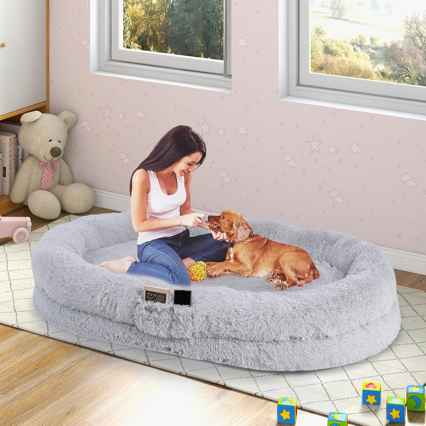Pluche Hondenbed – Hondendeken – Hondenmat – Hondenkussen – Dierenbed – Groot Formaat 171x115 cm – Orthopedisch Memory Foam – Wasbare Grijze Hondendeken
