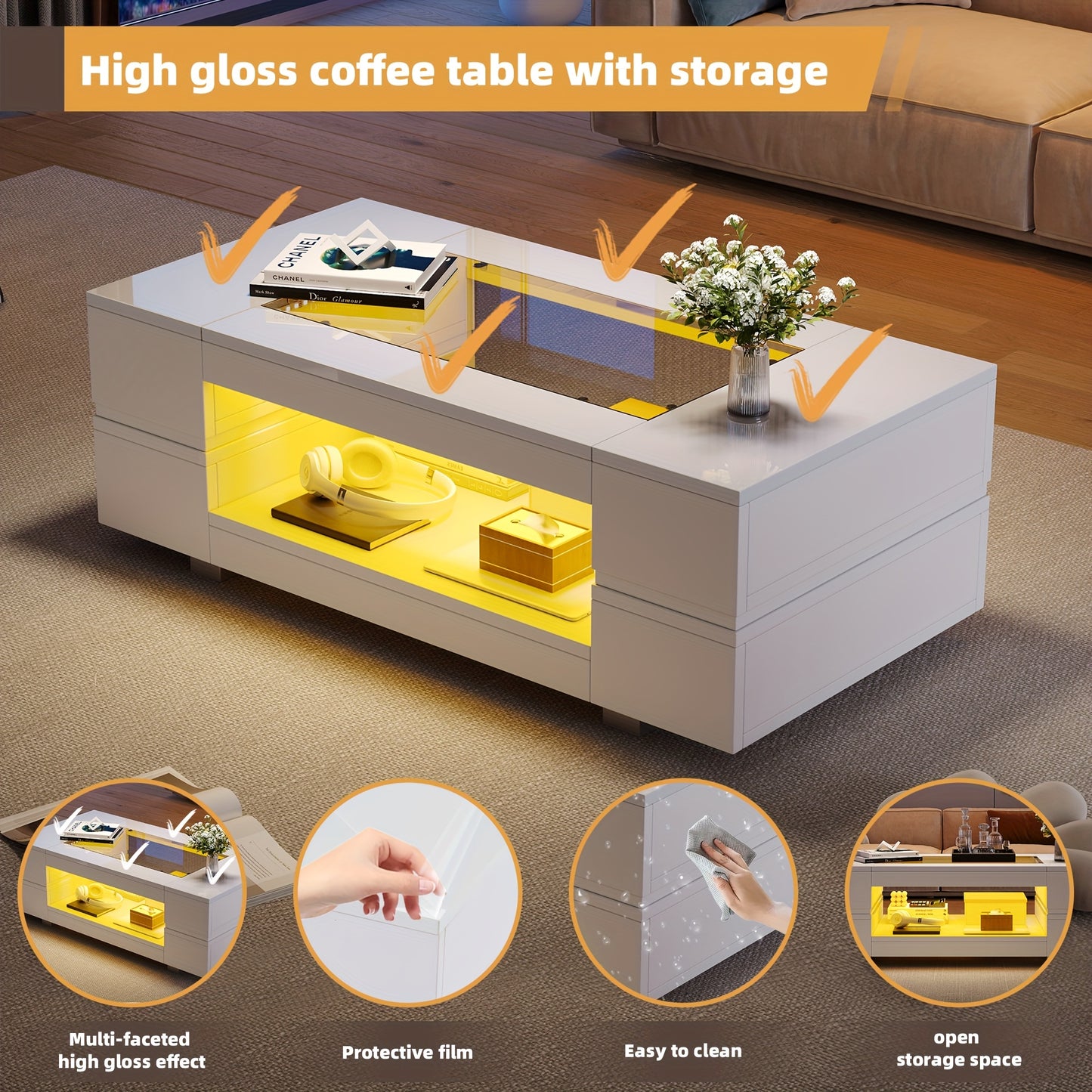 Witte Salontafel – Koffietafel – Bijzettafel – Tafel – Lounge Tafel – Moderne Open Opbergruimte – Duurzaam Bamboe – Compact & Laag (<69 cm)