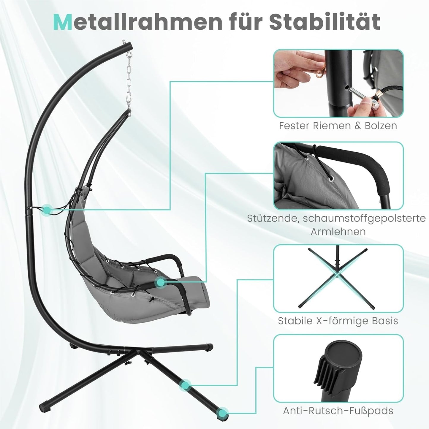 Hangstoel – Hangstoel Met Frame – Hangstoel Voor Binnen En Buiten – Hangstoel Schommel – Relaxstoel – Extra Grote Gevoerde Zitting – Stevig Metalen Frame