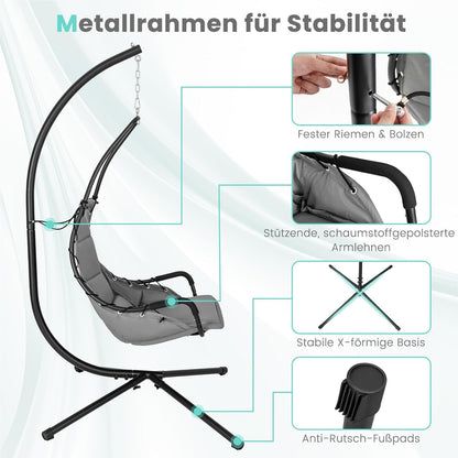 Hangstoel – Hangstoel Met Frame – Hangstoel Voor Binnen En Buiten – Hangstoel Schommel – Relaxstoel – Extra Grote Gevoerde Zitting – Stevig Metalen Frame
