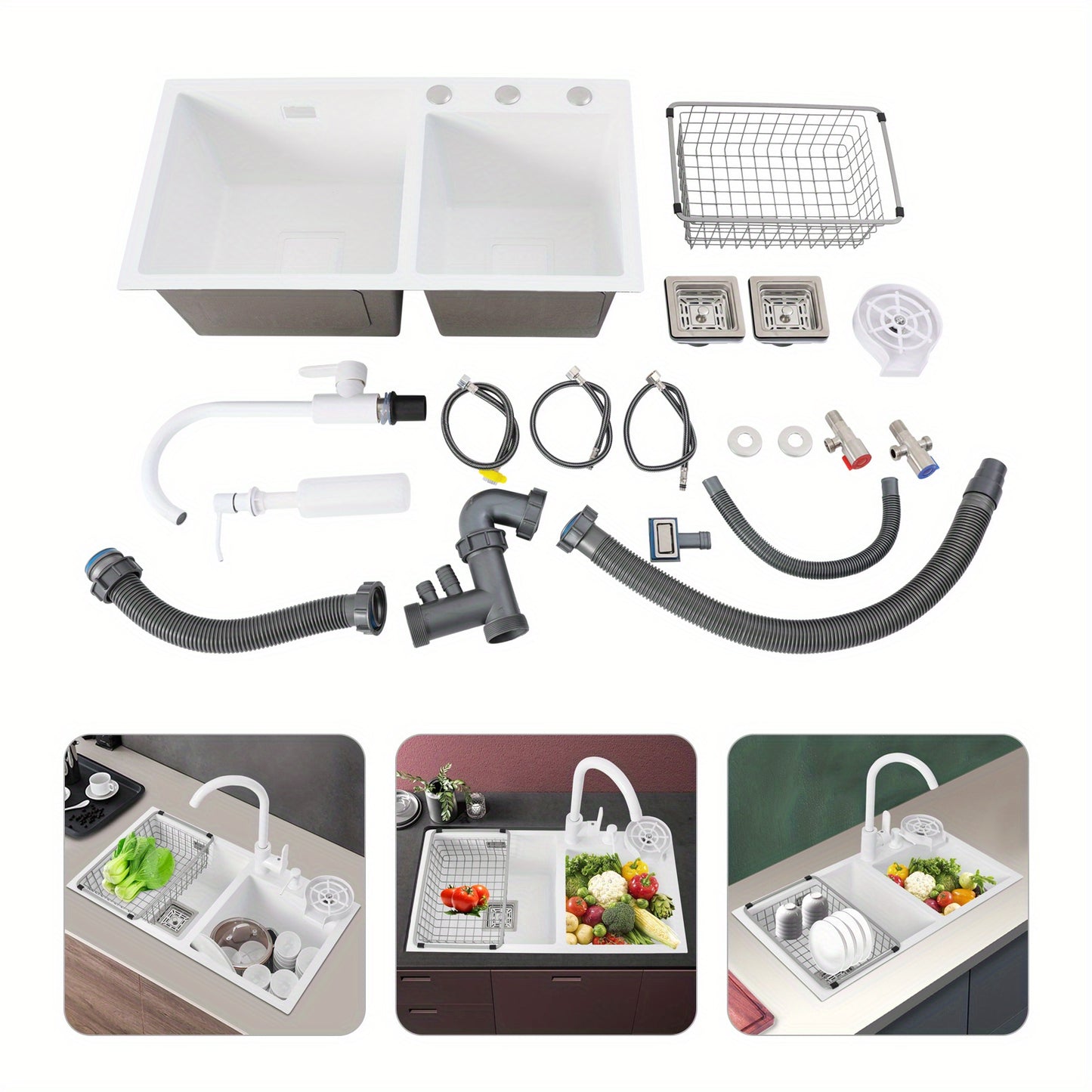 TOOL1SHOOO Large Double Basin Kitchen Sink 304 Stainless Steel with Faucet Double Basin Set Drain Basket Hand Soap Dispenser Top And Bottom Mount Modern White Sink with High Overflow Hole