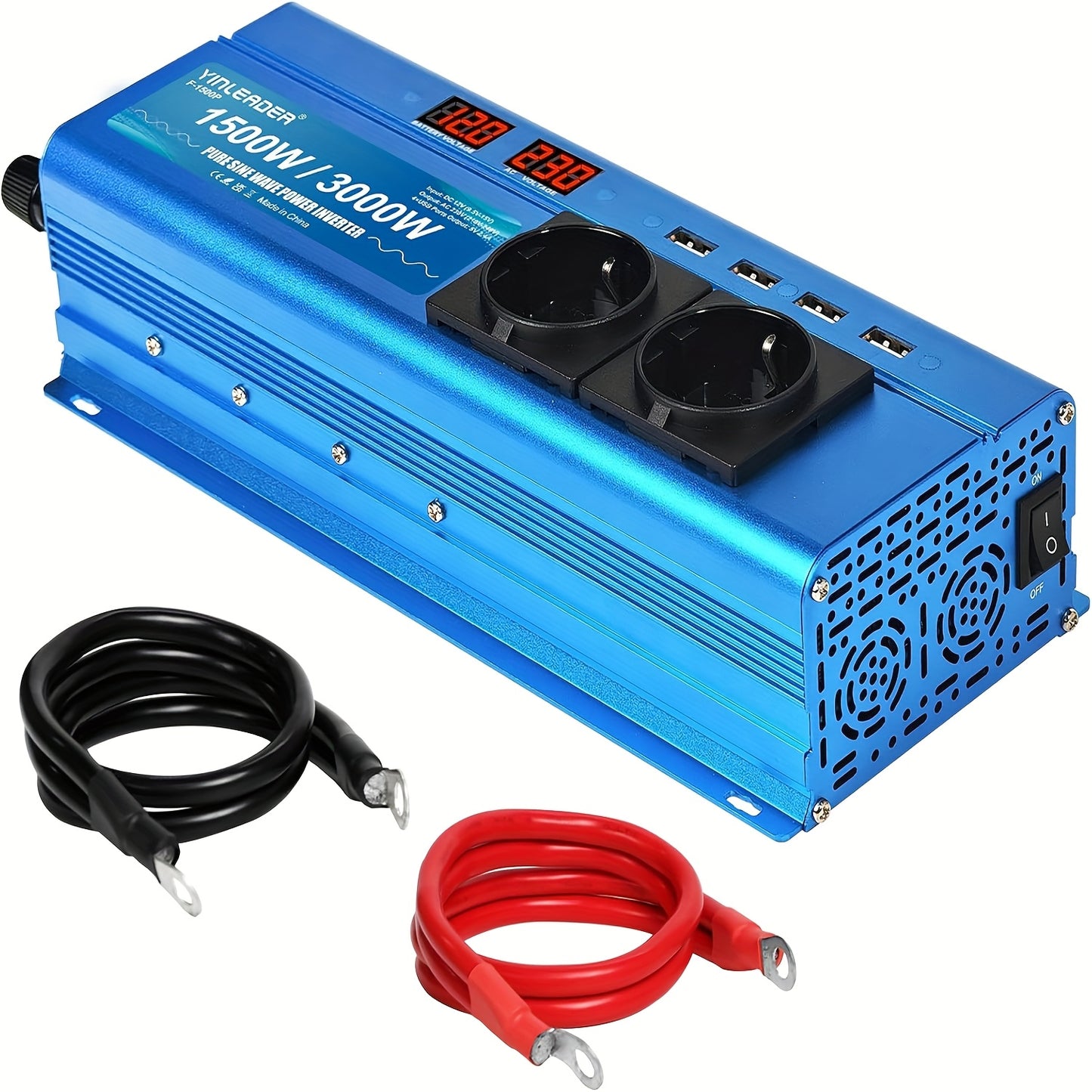Zuivere Sinusomvormer 12V naar 230V – Power Inverter – Spanningsomvormer – Stroomomvormer – Camping Stroomvoorziening – 300W Continu, 600W Piekvermogen – 2 EU Stopcontacten & 4 USB Poorten – Actieve Koeling – Blauw