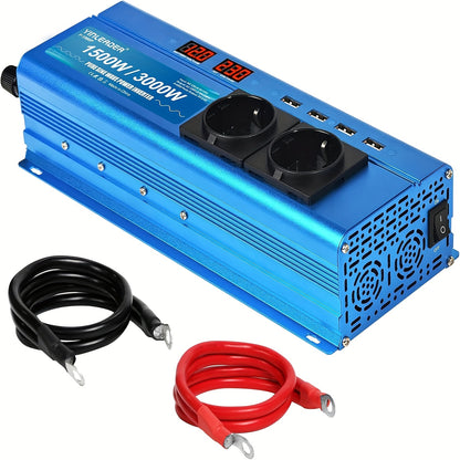 Zuivere Sinusomvormer 12V naar 230V – Power Inverter – Spanningsomvormer – Stroomomvormer – Camping Stroomvoorziening – 300W Continu, 600W Piekvermogen – 2 EU Stopcontacten & 4 USB Poorten – Actieve Koeling – Blauw