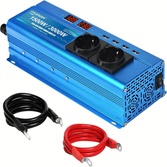 Zuivere Sinusomvormer 12V naar 230V – Power Inverter – Spanningsomvormer – Stroomomvormer – Camping Stroomvoorziening – 300W Continu, 600W Piekvermogen – 2 EU Stopcontacten & 4 USB Poorten – Actieve Koeling – Blauw