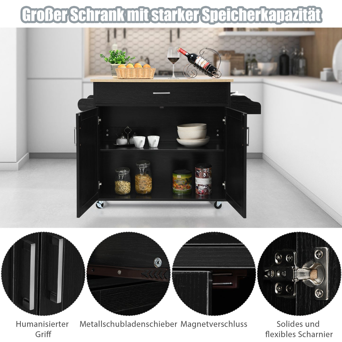 Keukentrolley – Serveerwagen – Keukenkast – Opbergtrolley – Keukenkar – Zwart – Met Handdoekhouder en Kruidenrek – Verstelbare Plank en Lade