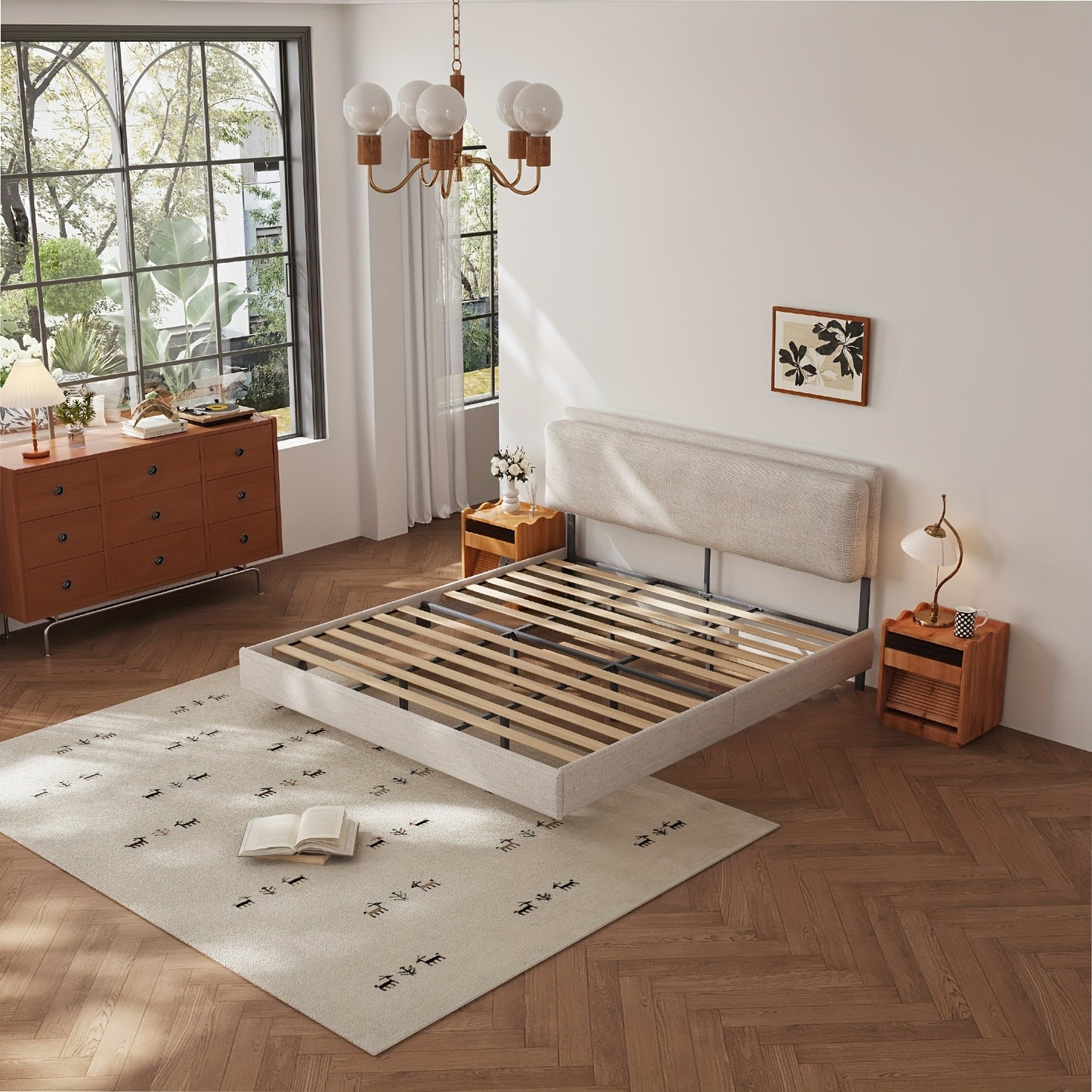 Bedframe – Bedbodem – Ledikant – Tweepersoonsbed – Slaapbank – 180x200 cm – Houtlook Met Metalen Poten – Geen Boxspring Nodig – Eenvoudige Montage – Beige Grijs