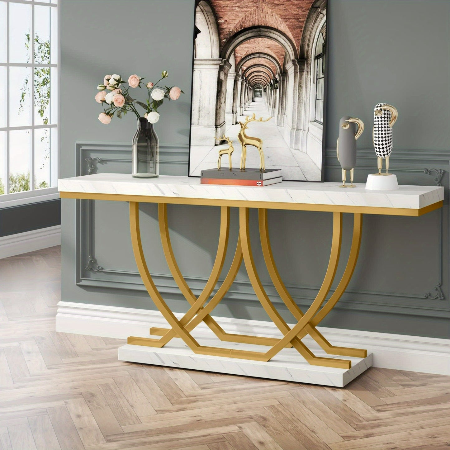 Moderne Sidetable – Console Tafel – Sofa Tafel – Haltafel – Wandtafel – Wit met Gouden Kunstmarmer – Slank 59 Inch