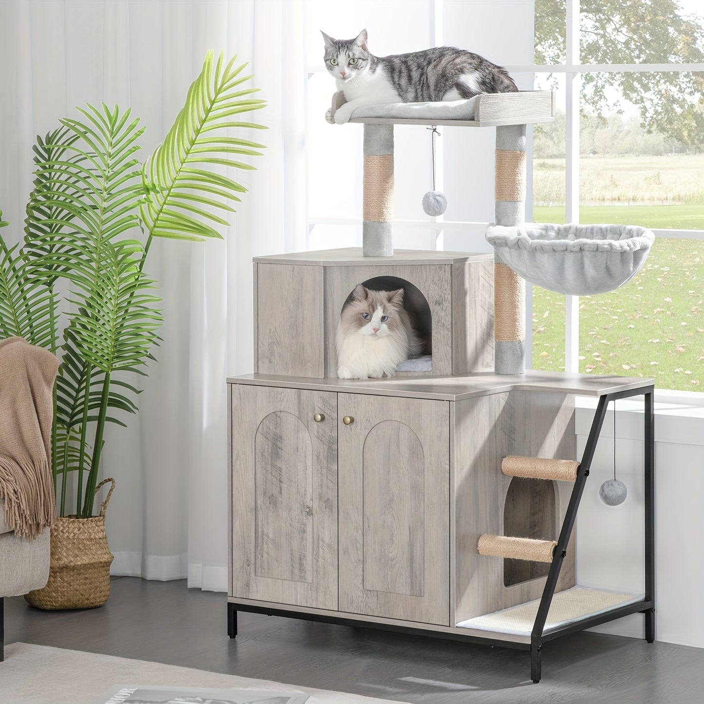 Kattenmeubel 4-in-1 – Kattenboom – Krabpaal – Kattenhuis – Kattenbakmeubel – Taupe – Ruim & Stabiel – Verstopte Kattenbak Met Sisal Krabpalen