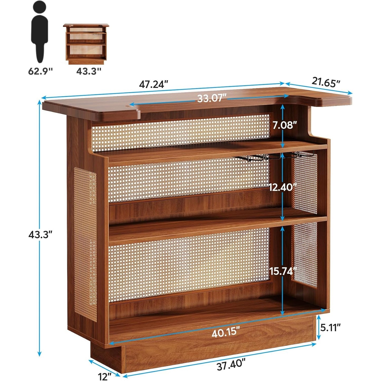 4-Traps Rattan Bartafel – Barkast – Serveerwagen – Drinktafel – Barplank – 4 Bekerhouders – Verhoogde Basis 13 cm – E1 Deeltjesplaat Caramelbruin