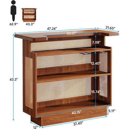 4-Traps Rattan Bartafel – Barkast – Serveerwagen – Drinktafel – Barplank – 4 Bekerhouders – Verhoogde Basis 13 cm – E1 Deeltjesplaat Caramelbruin