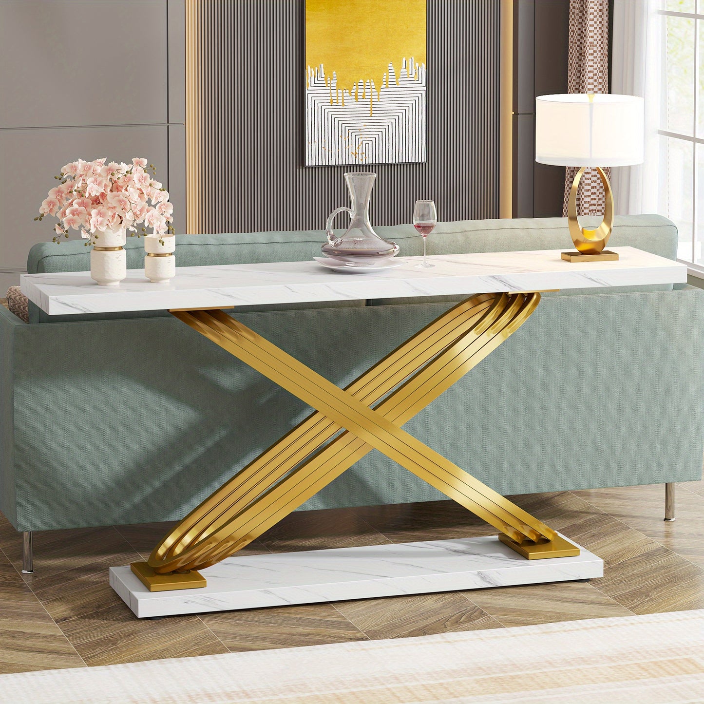 Sidetable – Consoletafel – Haltafel – Banktafel – Bijzettafel – Wit Faux Marmeren Blad – Gouden Metalen Frame – 139,7 cm Breed – Modern Design