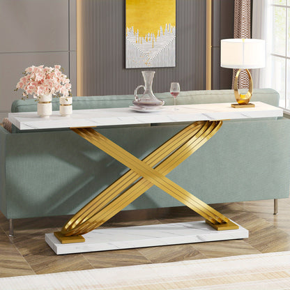 Sidetable – Consoletafel – Haltafel – Banktafel – Bijzettafel – Wit Faux Marmeren Blad – Gouden Metalen Frame – 139,7 cm Breed – Modern Design