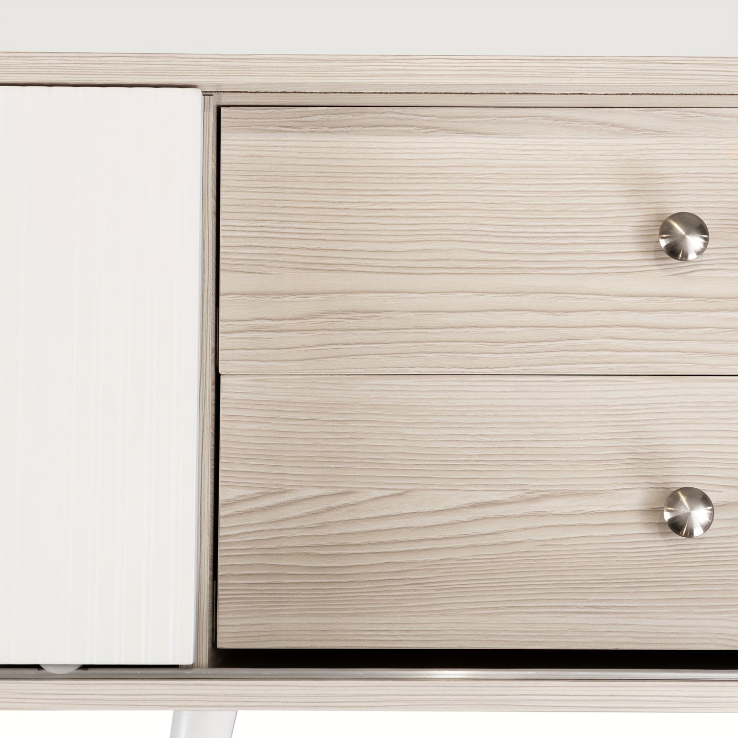Modern TV Stand with Two Drawers & Sliding Doors - White & Natural Wood Finish, 147.32cm H x 101.6cm W, 2-Drawer Storage, Compact Design for Living Room or Bedroom, Bedroom Tv Desk | Minimalist Tv Stand | Metal Frame, TV Tabl