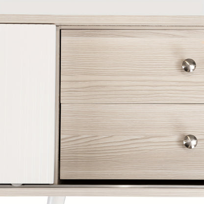 Modern TV Stand with Two Drawers & Sliding Doors - White & Natural Wood Finish, 147.32cm H x 101.6cm W, 2-Drawer Storage, Compact Design for Living Room or Bedroom, Bedroom Tv Desk | Minimalist Tv Stand | Metal Frame, TV Tabl